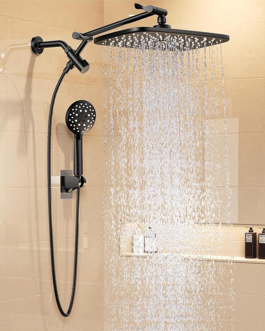 Veken 11.8" Rain Shower Head with Handheld, High Pressure Handheld Shower Heads with Multi Spray Modes, Rainfall Combo with 15" Metal Extension Arm,Detachable Dual Shower, Long 6 ft. Hose,Matte Black