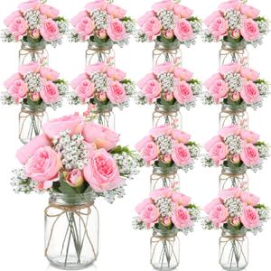 Zeyune 12 Sets Mason Jar Centerpiece Table Decorations, Artificial Peony Baby's Breath Flower Bouquets, Faux Flowers with Vase, Rustic Decor Gifts for Home, Wedding, Holiday (Coral Pink)
