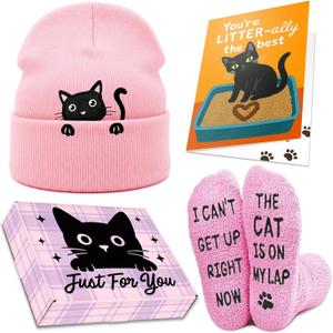 Cat Lover Gifts for Women, Cute Cat Beanie Hat and Funny Socks, Christmas Stocking Stuffers for Mom (Pink)