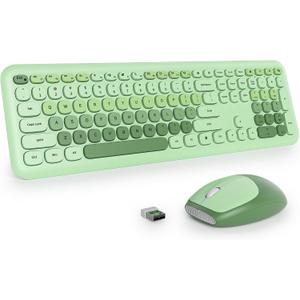 Fogruaden Quiet Green Wireless Keyboard and Mouse, 2.4GHz Retro Cute Typewriter-Style Full-Size Colorful Keyboard and Mouse Combo, Slim Design, Low-Noise Typing for Home, Office, Windows PC, Laptop