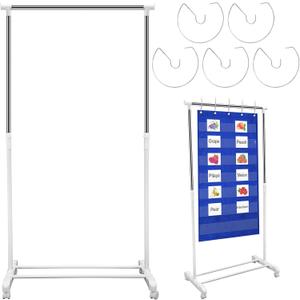Adjustable Pocket Chart Stand Stainless Steel Expandable Chart Stand with Casters Rolling Anchor Holder with 5 Rings for Classroom Home Educational Tools, Adjustable to 63 Inch(White)