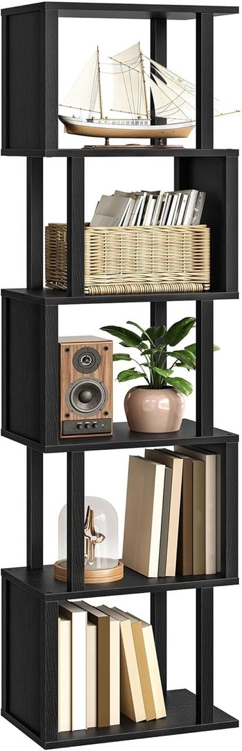 S-Shaped 5-Tier Bookshelf, 58.1-Inch Tall Bookcase with Anti-Tip Kit, Open Display Shelf for Living Room, Office, Bedroom Storage, Black MSJ01BB