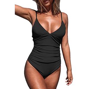 CUPSHE Women's One Piece Swimsuit Tummy Control V Neck Bathing Suits XL Black