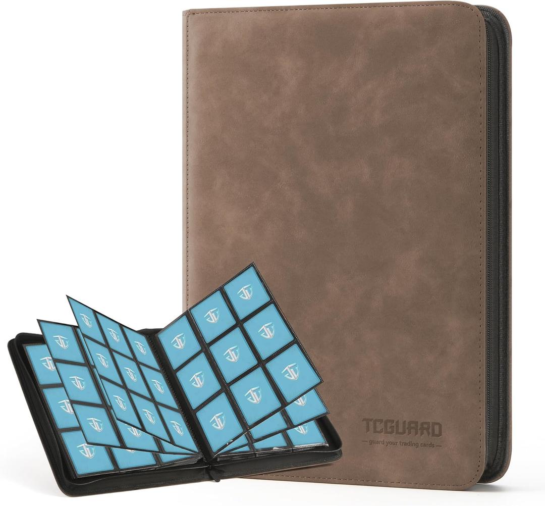 Trading Card Binder, 9 Side Loading Pocket Card Album Hold Up to 540, Zipper Binder for Collection, TCG Holder for Sports, Yugioh, MTG etc. (Brown 9)