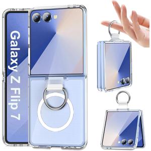 For Galaxy Z Flip 7 Case with Ring Compatible with MagSafe, Built-in Finger Ring Holder & Strong Magnetic, Anti-Yellowing Slim Thin Phone Protection Cover for Samsung Galaxy Z Flip7 (Clear)