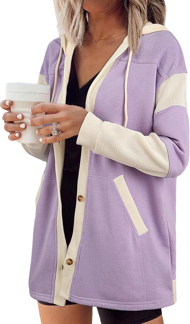 SHEWIN Jackets For Women Casual Long Sleeve Button Down Hoodies Shackets Womens Fall Fashion 2025 (Purple, M)