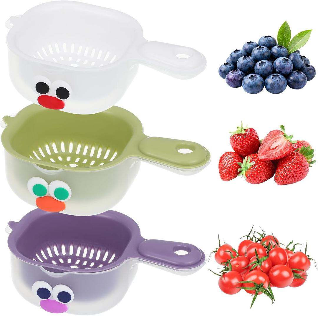 ABOOFAN 3Pcs Fruit Washing Bowl with Strainer, Dual-Layer Small Kitchen Colander with Handle, Vegetable Washing Draining Basket for Mini Berry Tomato Grape Washer