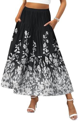 Zeagoo Women's Midi Summer Boho Flowy Swing A-Line Skirts 2025 Casual Elastic Waist Asymmetric Tiered Long Skirt with Pocket XL