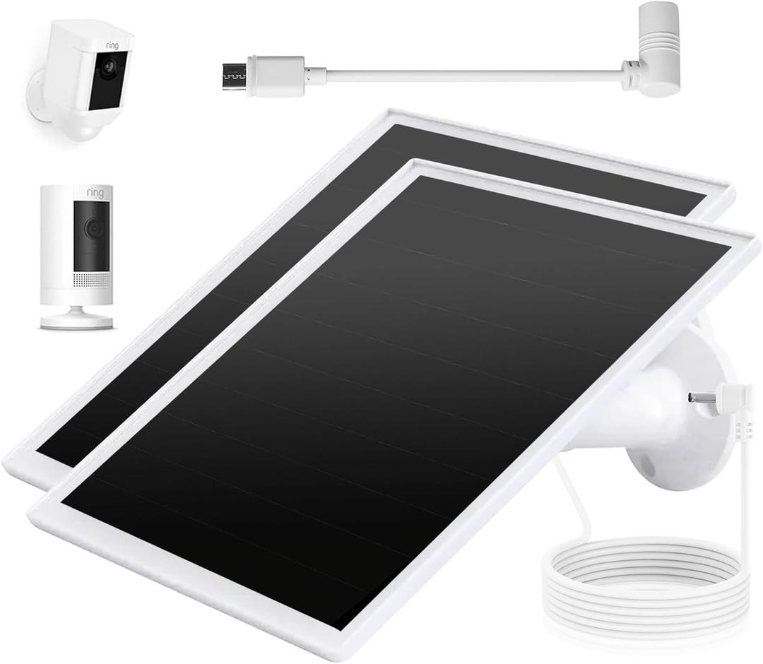 Ring Camera Solar Panel, 5W Solar Charger Compatible with Rings Spotlight Plus/Pro, Stick Up Outdoor Cam Battery, 10ft Long Cable with Ring Barrel Plug to USB-C Adapter (White-2Pack)