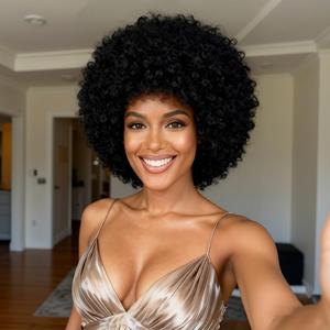 Short Kinky Curly Afro Wig with Bangs Glueless for Black Women Men 70s Disco Bouncy Fluffy Puff Synthetic Heat Resistant Natural Looking Hair for Party Cosplay Daily Use