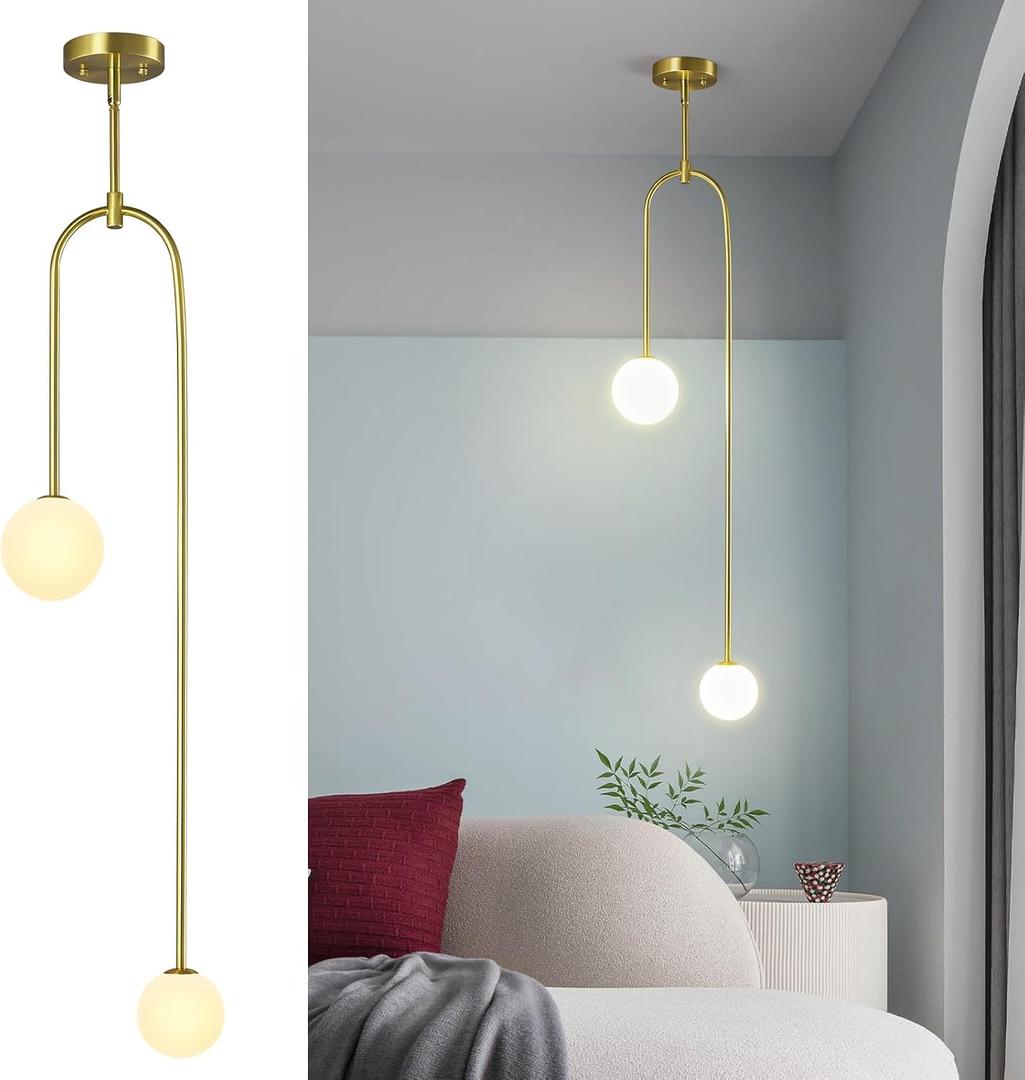 Modern Milk Glass Pendant Light 2 Light Mid Century Chandelier Small Glass Globe Gold Pendant Lights for Kitchen Island Bedroom Dining (1 Pack), Conventional -1pack