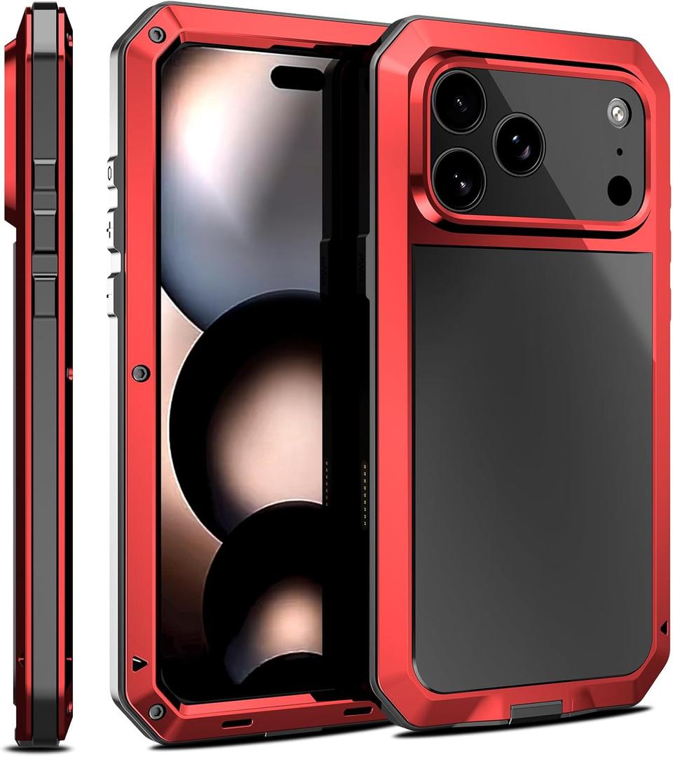 Marrkey Compatiable with iPhone 17 Pro Max Case,360 Full Body Protective Cover Heavy Duty Shockproof [Tough Armour] Aluminum Alloy Metal Case with Silicone Built-in Screen Protector - Red