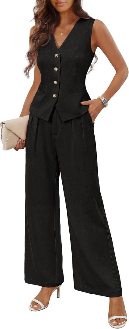 MEROKEETY Women's 2 Piece Outfits Summer 2026 Sleeveless Suit Vest Wide Leg Pants Business Work Casual Blazer Sets