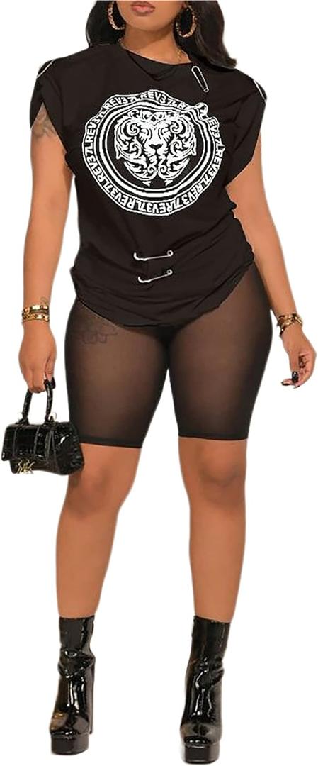 Atyfuniby Womens Sexy Two Piece Outfits Printed T Shirts Blouse and Mesh See Through Skinny Shorts Sets (X-Large, Black)