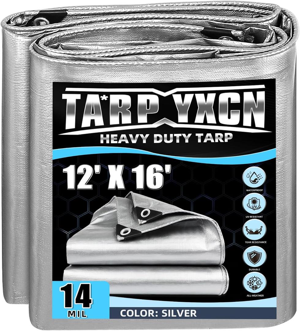 Heavy Duty Tarp 12x16 Feet, 14 Mil Waterproof Poly Tarps Cover UV Resistant, Rip & Tear Proof with Metal Grommets Every 20 Inches Silver Tarp