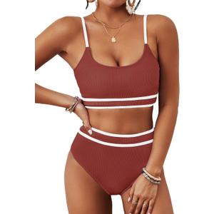 BMJL Women's High Waisted Bikini Ribbed Two Piece Swimsuit High Cut Color Block Adjustable Straps Bathing Suit (Medium, Brick Red043)