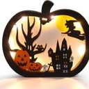 FOIMAS Halloween Wooden Table Sign,Light Up Pumpkin Table Centerpiece Topper for Halloween Table Top Party Decoration SupplyUPGRATED)