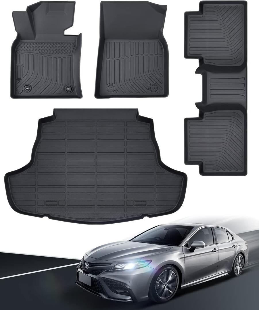 2024 2023 for Toyota Camry Floor Mats, 2022 2021 2020 2019 2018, TPE All Weather Protection Waterproof Anti-Slip Front & 2nd Seat & Rear Trunk Mat(Not Fit for Hybrid or AWD), Car Accessories