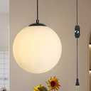 Plug in Globe Pendant Light, 10" Mid Century Modern Hanging Lamp with Switch, Black Globe Chandelier with Milk Glass for Bedroom Bedside, Couch Side, Coffee Corner, Entryway and Small Bar