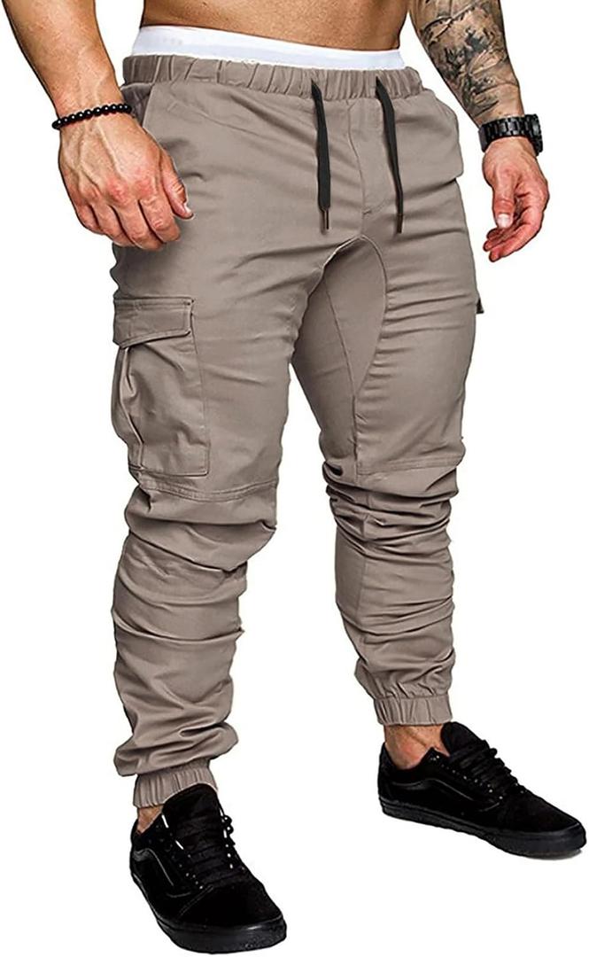 JMIERR Mens Fashion Cargo Pants - Casual Cotton Tapered Stretch Twill Drawstring Athletic Joggers Sweatpants with 6 Pockets (Beige, XL)