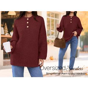 MEROKEETY Women's 2025 Fall Oversized Sweaters Chunky Long Lantern Sleeve Buttoned Mock Neck Winter Knit Loose Pullover Tops, Medium