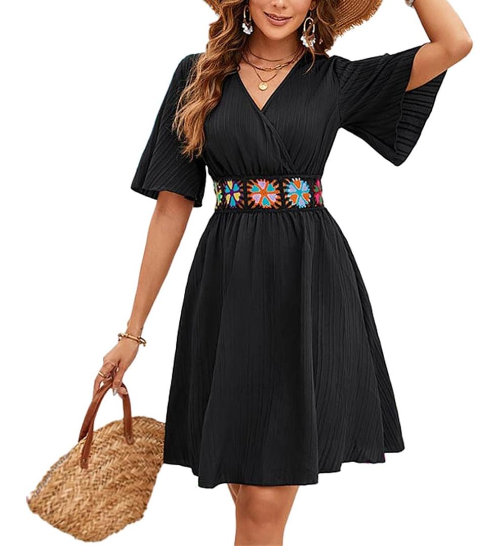 LightlyKiss Women's Black V-Neck Bell Sleeve Dress with Embroidered Belt Summer Beach Wedding Guest Party Cocktail Evening A-Line Vacation Dresses (Black, XXL)