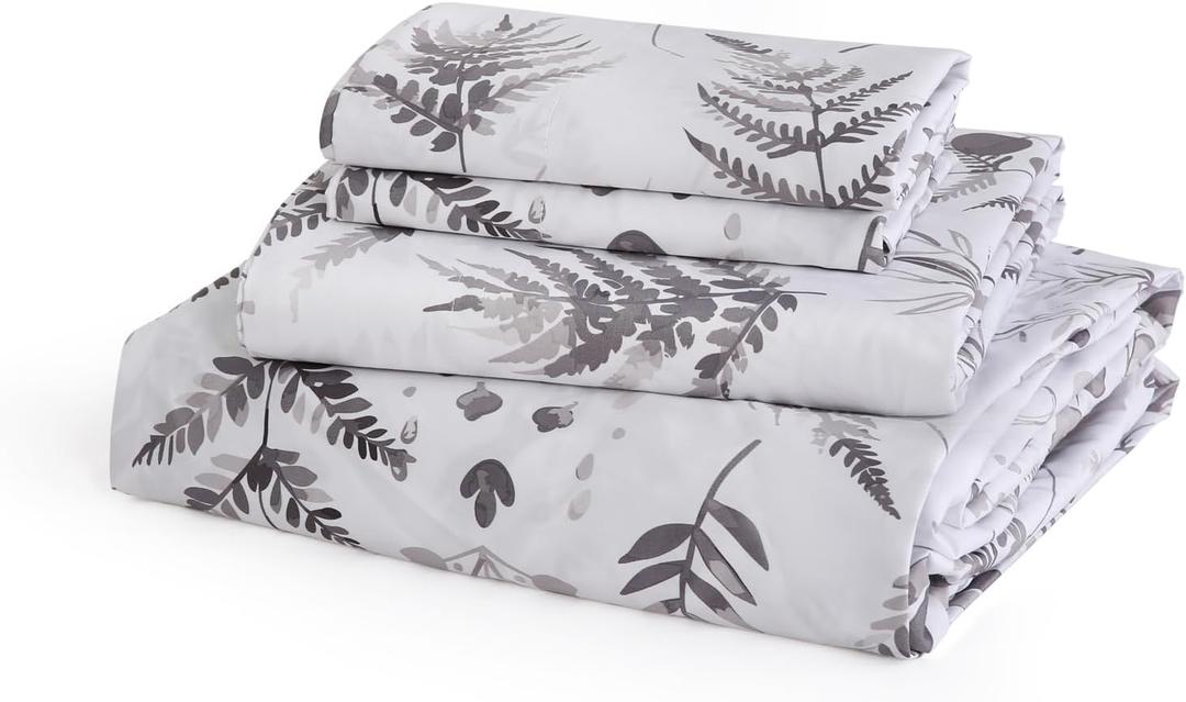 JSD 100% Cotton Floral Sheet Set King, 300 Thread Count Printed Sateen Sheets, Soft Breathable Cooling Bed Sheets Deep Pocket, Grey White (White Black Herbs)