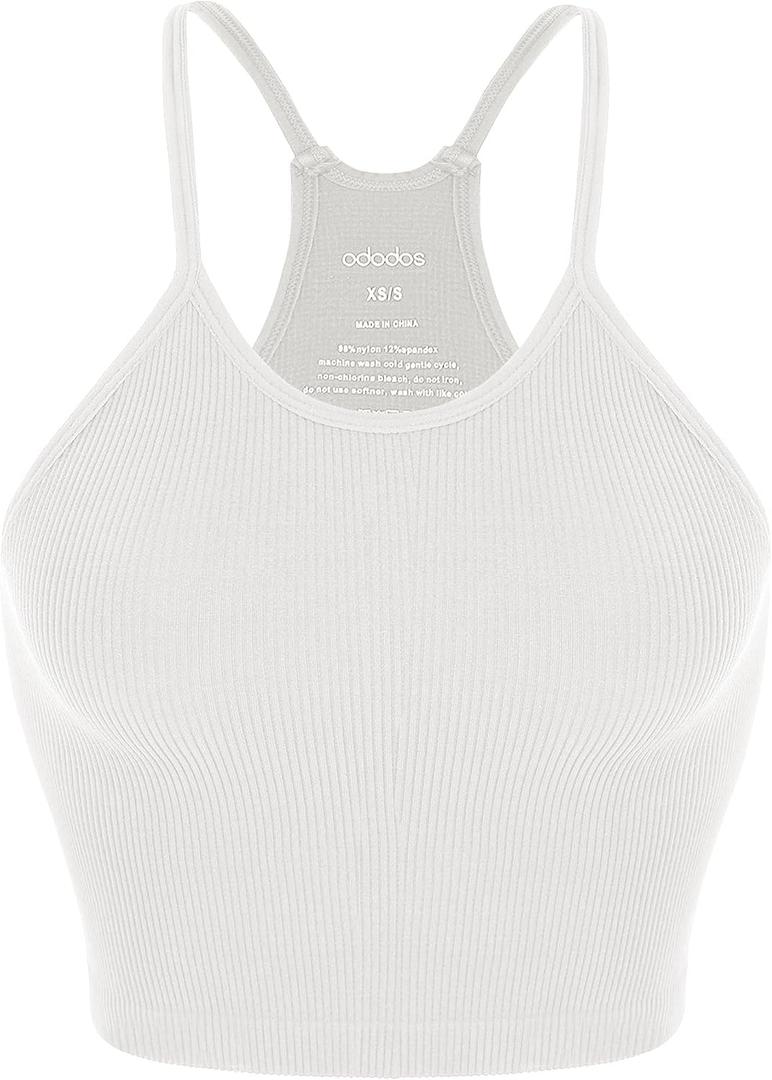 ODODOS Women's Crop Seamless Rib-Knit Camisole Strappy Racerback Crop Tank Tops,  (White, XL-XXL)