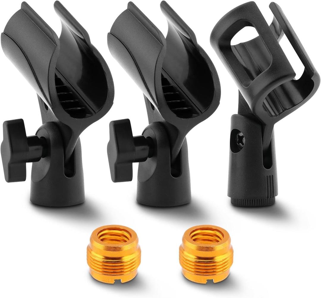 3 pcs Universal Microphone Clip Holder, Adjustable Mic Holder for Stand with 2 pcs 5/8" Male to 3/8" Female Screw Adapter for Wired Wireless Microphone Stand (black)