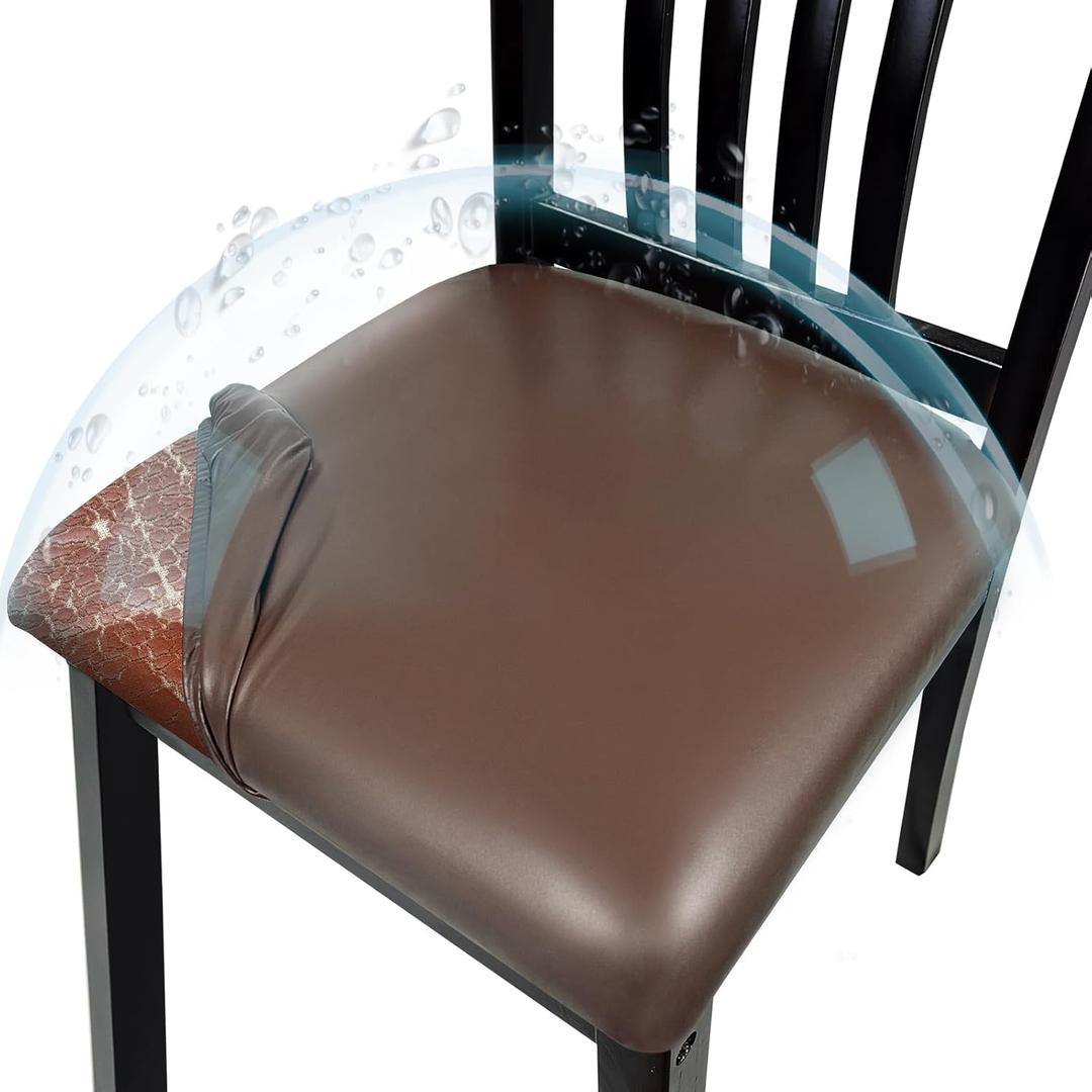 Pu Leather Dining Chair Seat Covers Set of 4, Waterproof Kitchen Chair Covers Stretch Chair Cover for Kitchen/Dining Room/Hotel, Tasteless seat Covers for Chairs (Coffee - 4 PCS)