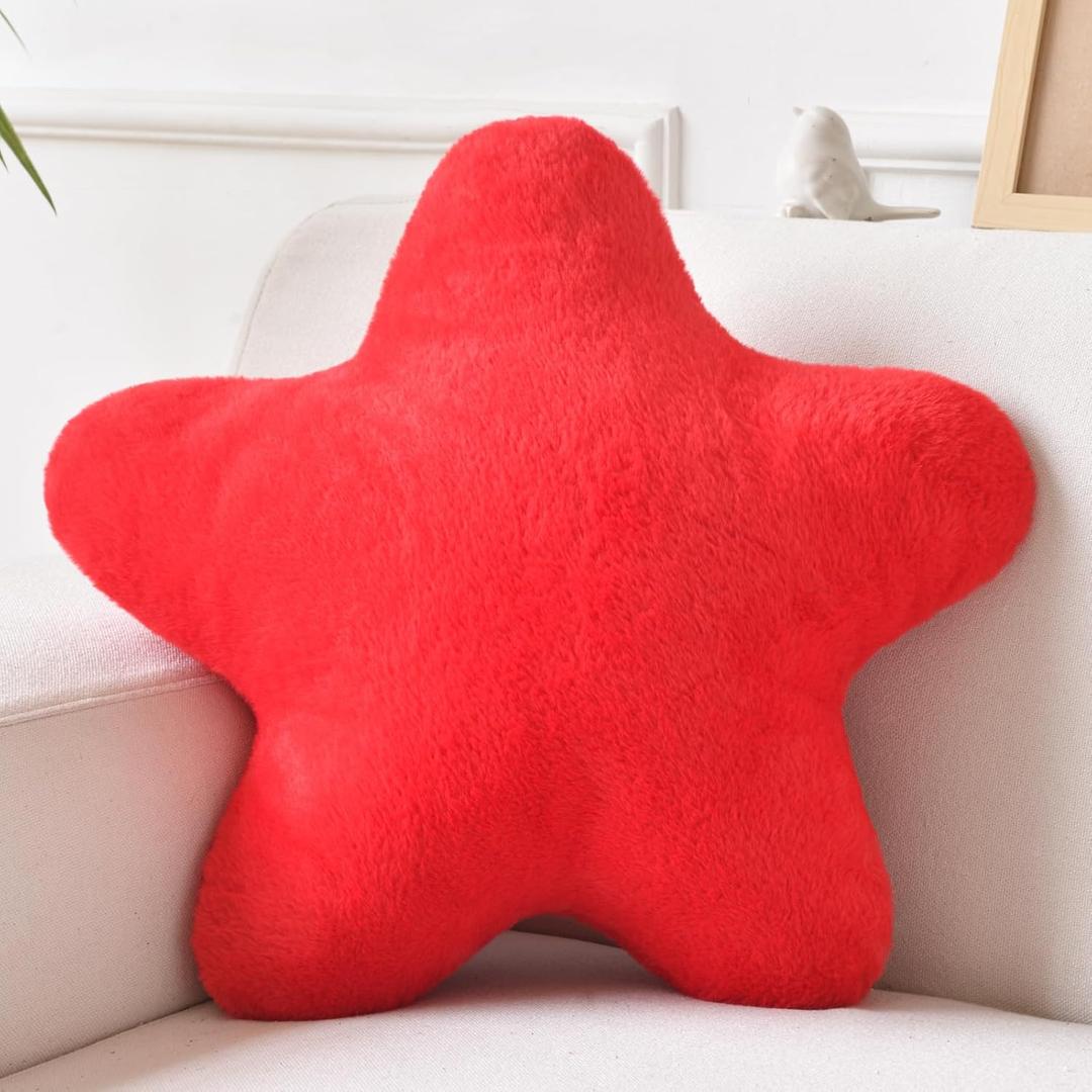 Xiashrk Star Pillow, Decorative Throw Pillows for Bed Couch, 15" Star Shaped Pillow Plush Floor Cushions Room Decor Pillow with Faux Rabbit Fur for Sofa Bedroom Living Room (Red, 15" x 15")