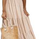 AlvaQ Women Summer Dresses Sleeveless Smocked Midi Dress High Waist Casual Tiered A Line Sundress with Pockets (Beige, L)