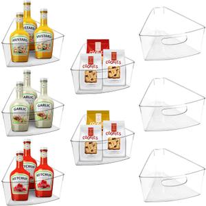 URALFA Lazy Susan Organizers Set of 8, 10"x 9.5"x 4" Corner Cabinet Organizer, Plastic Transparent Kitchen Cabinet Storage Bins with Handle, 4" Deep Container, 1/8 Wedge - Food Safe, BPA Free