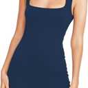 Ezbelle Women's Short Bodycon Dress Square Neck Casual Tight Tank Going Out Night Navy Blue Sleeveless Summer Mini Dresses XL