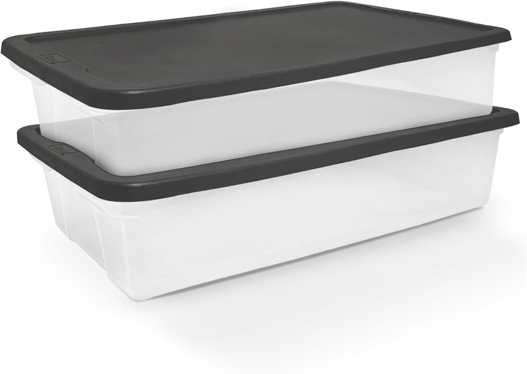 HOMZ 2-Pack Snaplock, Large Clear Plastic Storage Organizer Bins w/Lids, 41 Quart, Gray - Stackable Container Boxes for Bedroom, Bathroom, Garage, and Office Organization