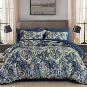 DJY Paisley Comforter Set Queen Size Navy Gold Boho Bed in a Bag 7 Piece, Soft Microfiber Vintage Paisley Floral Pattern Complete Bedding Set for All Season (90''x90)