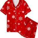 Umeyda Women & Girls Pajamas Set, Soft Satin Lightweight Silk Button-Down Top with Shorts 2 Piece PJS for Mom Boys Kids Gifts (4-5T, Red Snowflake)