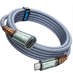 AINOPE USB C Extension Cable 6.6FT/ 20Gbps / 240W Fast Charging & Sync, 4K@60Hz USB 3.2 Male to Female Extender Cable for PSVR2, Hub, MacBook, Magsafe Charger, Phone & More (Grey)