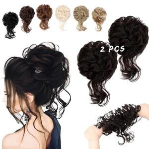 2PCS Messy Bun Hair Piece Tousled Updo with Tendrils Wavy Curly Hair Bun Scrunchies Ponytail Extension Elastic Band Hairpieces For Women (Dark Brown)
