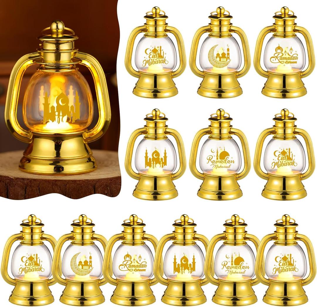 ROCEEI 12 Pcs Ramadan Eid Lantern Mini Gold Lanterns Decorative with LED Candles Small Eid Mubarak Lantern Decor Vintage Hanging Lantern Lights for Home Table Centerpiece Eid Mubarak Party Gift