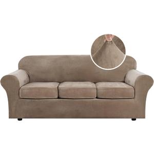 H.VERSAILTEX Modern Velvet Plush 4 Piece High Stretch Sofa Slipcover Strap Sofa Cover Furniture Protector Form Fit Luxury Thick Velvet Sofa Cover for 3 Cushion Couch Width Up to 90 Inch (Sofa, Camel)