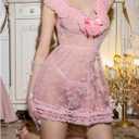 OYOANGLE Women's Sheer Lace Ruffle Chemise Nightgowns Babydoll Lingerie Set V Neck Mesh Sleepwear (Pink, L)