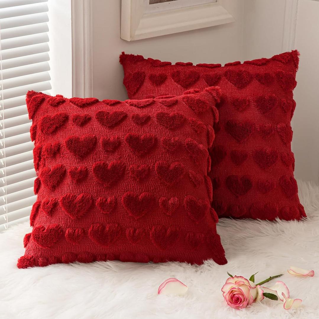 MIULEE Valentines Pillow Covers 18x18 Inch Set of 2 Valentines Day Red Heart Love Decorative Cute Soft Plush Faux Fur Throw Pillows for Girl Couch Sofa Bedroom Holiday Home Decor