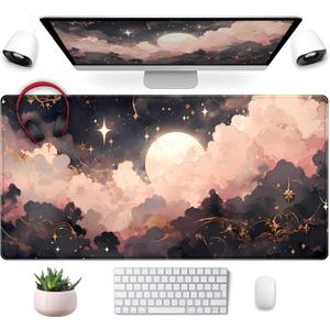 Pink Black Clouds Desk Mat XXL Large Extended Gaming Mouse Pad Celestial Mousepad with Stitched Edges, Office Desktop Decor Desk Pad Computer Mat, Laptop Keyboard and Mouse Mat, 31.5x15.75 in