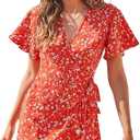 Women's Sexy V Neck Wrap Tie Knot Front Ruffle Mini Dress Belt Flare Sleeve Floral Flowy Swing Beach Sundresses, Size S