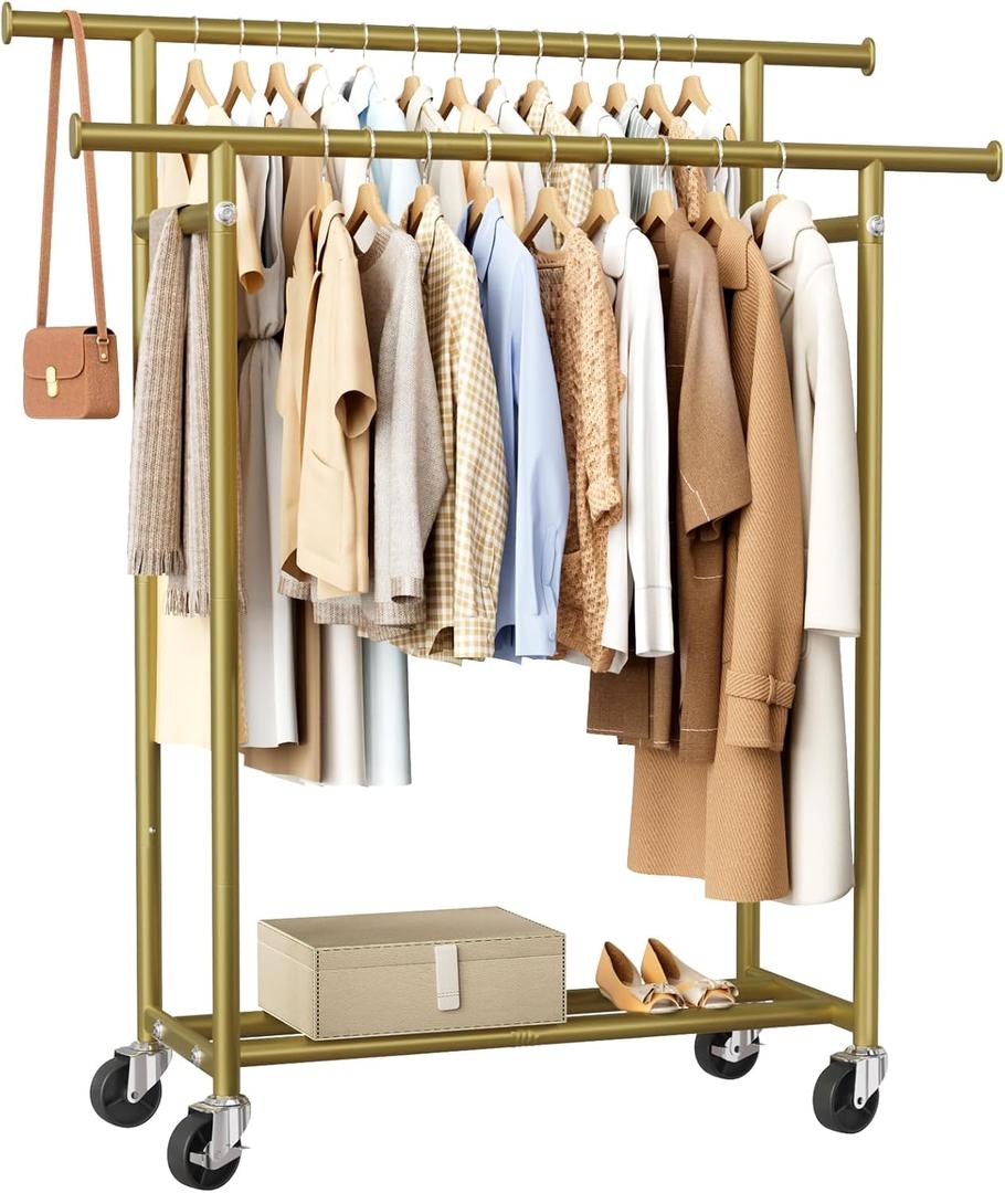 HYSEYY Clothes Rack, Double Rods Rolling Clothing Rack for Hanging Clothes, Portable Garment Rack with Wheels, Coat Rack Wardrobe Closet Load 240 LBS for Bedroom Laundry Room (Gold, L)