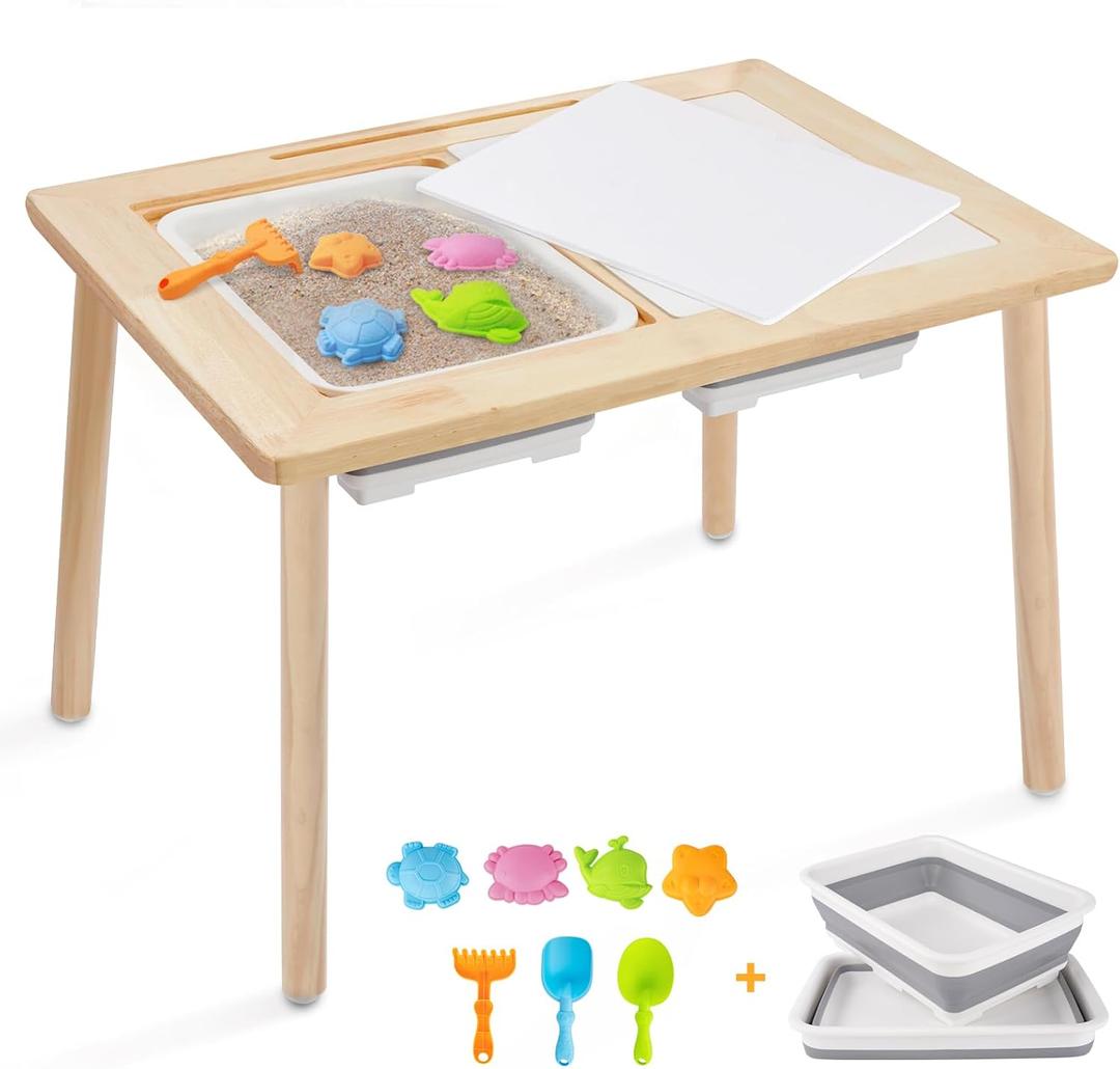 Kids Table for Play Study Dining, Upgrade Sensory Table for Toddlers, Indoor Outdoor Play Sand Activity Center, with 2 Large Storage Bins, 7 Sand Toys, Birthday for Children