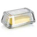 Clear Glass Butter Dish with Lid for Countertop, 6.5" Crystal Butter Dish with Cover, Covered Butter Tray for Refrigerator