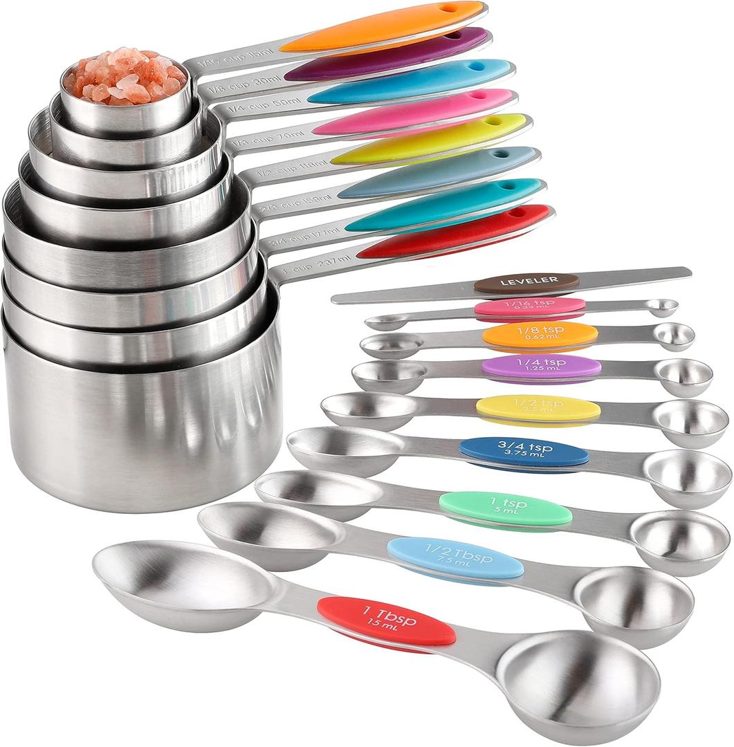Measuring Cups and Spoons Set Stainless Steel Including 8 Stackable Measuring Cup 8 Double Sided Magnetic Measuring Spoons with 1 Leveler for Dry and Liquid Ingredients (Multicolor)