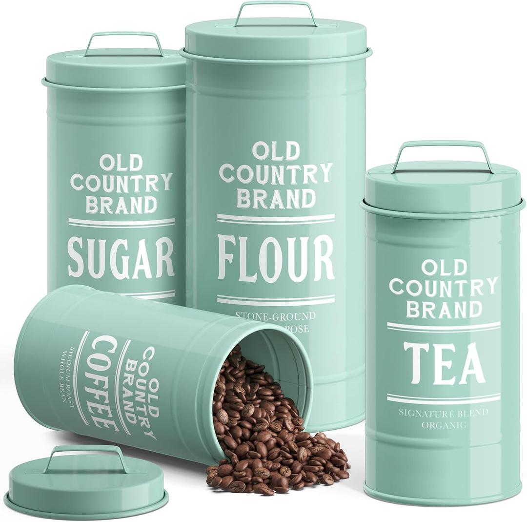 Barnyard Designs Canister Set for Kitchen Counter, Farmhouse Canisters Sets for the Kitchen Countertop, Metal Canister with Lid, Coffee Tea Sugar Flour Container Set for Counter (Mint), Set Of 4 